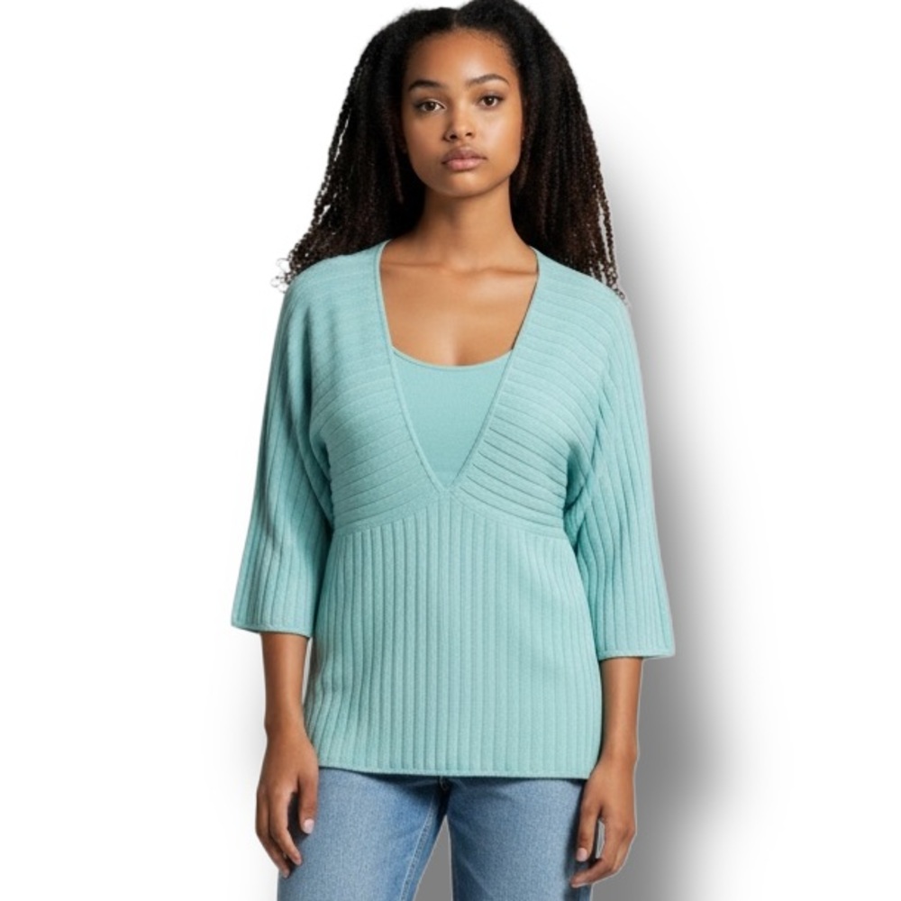 Yarns & Stitches Women’s 3/4 Bell Sleeve V Neck Knit Tunic, Aqua, size XL